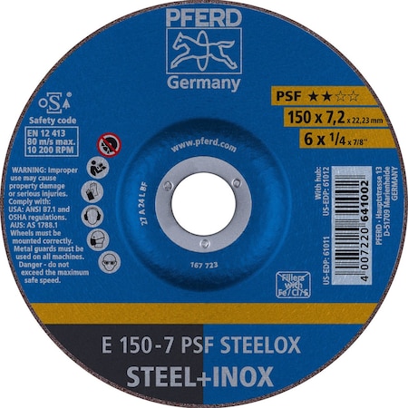 Pferd 61011 6in x 1/4in Grinding Wheel, 7/8in AH A 24 L PSF-INOX - Type 27 61011-PFERD